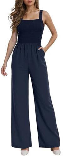 MNRIUOCII Salopette da donna, elegante, estiva, a gamba larga, con tasche, vestibilità larga, casual, salopette, tutina lunga, colletto quadrato, tuta per gravidanza, Blu, S