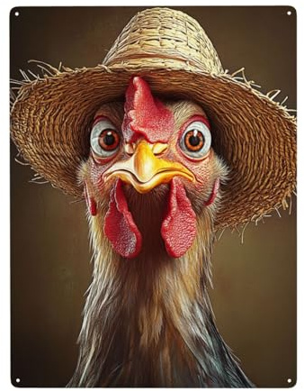 Huhn Metall Blechschild, 30x40cm Metallschild Schmücken, Huhn Mit Strohhut, Blechschild Voller Künstlerischer, Hühnerstall Schild