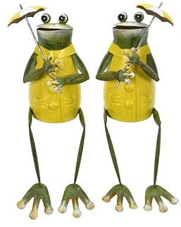 ReWu Frosch Figur Metall Kantenhocker mit Regenschirm - Gelber Mantel - Deko Frosch wetterfest für Garten Fensterbank Balkon - Froschfigur sitzend