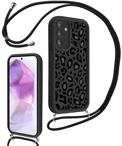 Xylota Handyband für Samsung Galaxy A52/A52 5G/A52s 5G Hülle mit Band, Aesthetic Leopard Muster Design Silikon Handyhülle mit Kette Kordel, Schutzhülle für Samsung A52 6,5'' zum Umhängen - Schwarz 01