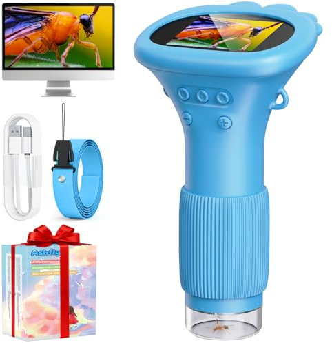 Mikroskop für Kinder, Ashfly 1000X Taschenmikroskop mit 2,0 IPS-Bildschirm USB Microscope Lupe, 8 LED Lights -Anschluss an PC, Mini-Kindermikroskop für Ostern Spielzeug - Blau