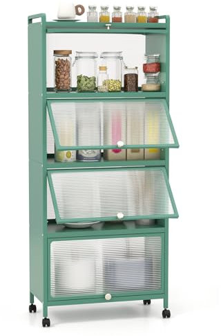 COSTWAY Armoire Cuisine 5 Niveaux, Étagère Cuisine 4 Portes PC Escamotables avec 4 roulettes, Étagère Micro-Ondes pour Salle à Manger, Salon, Vert (60 x 32 x 154 cm,Vert)