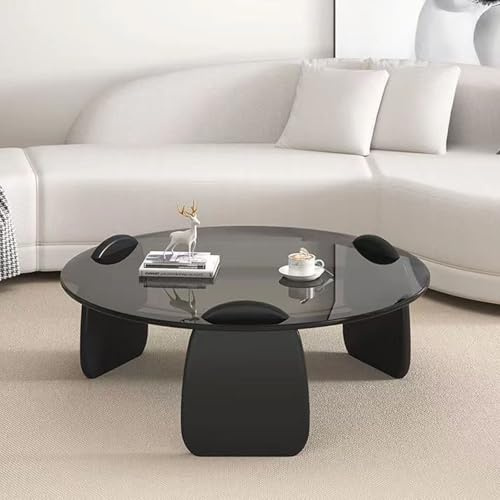 Table Basse Ronde En Verre Trempé Transparent, Pieds En Bois Massif, Tables Basses Rondes En Verre, Mesa De Centro Para Sala Minimaliste, Table Centrale En Verre Pour Salon, Bureau,Noir,70*33cm