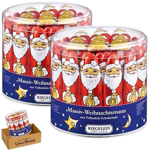 Riegelein Milk Chocolate Santa Drum, 65 Individually Foil-Wrapped Chocolates, 12.5g Each, Santas Milk Chocolate Tree Decoration, Bundle by UrbanShoppi (Pack of 2)
