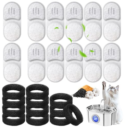 12x Filter Katzenbrunnen kompatibel mit Apauk APFSS-3201 Katzenbrunnen 3,2L, inkl. 12 Cat Fountain Filter & 12 Schwämme, Kohlefilter Trinkbrunnen für Sauberes Frisches Trinkwasser für Katzen