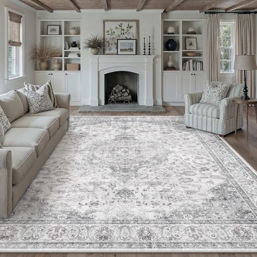 PureCozy Teppich Wohnzimmer 300x400cm Waschbarer Vintage Grau Tepich | Weich Kurzflor Groß XXL Carpet, Rutschfest, Leicht, Schlafzimmer, Esszimmer, Büro, Kinderzimmer