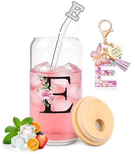 TUZELIYA E Personalisierte Geschenke mit Buchstaben – Glasbecher mit Deckel & Strohhalm + Schlüsselanhänger Buchstabe, Geschenk für Frauen & Mädchen, Geburtstag, Valentinstag & Weihnachten