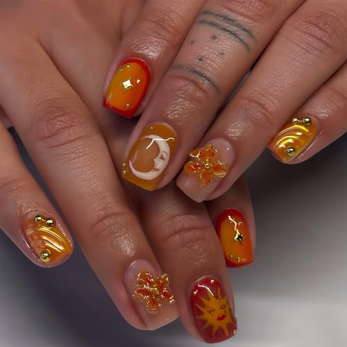 Auroriel 24 Pieces Sun Moon Press On Nails with Gold Design Short Square Artificial Nails Orange Shiny Self-Adhesive Acrylic Full-Body False Nails for Ladies Manicure