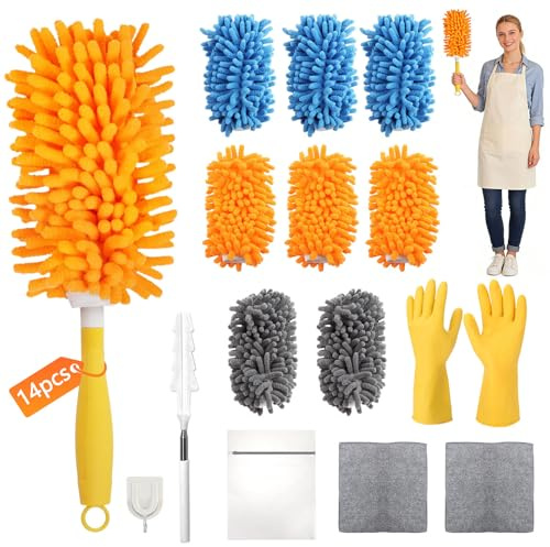 14 Stück Staubwedel für Swiffer Staubmagnet Nachfüllpack(Orange,Blau,Grau) | Staubwedel für Swiffer Staubmagnet, 360° Wiederverwendbares Tuch, mit Wäschesack Handschuh Haken Ersatz Teleskopstange