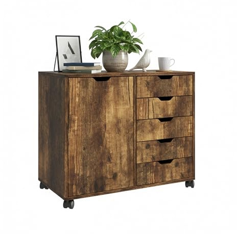 Relaxdays Rollcontainer, 5 Schubladen & 2 Fächer, HBT: 65x78x40 cm, braun | Büroschrank, Aktenschrank mit Rollen, Büro