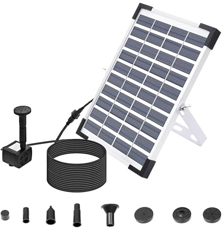 Generic Solar Powered 5W Fountain Pump with Battery Backup for Koi Pond, Extension Cable, Multi Nozzles, 3 Modes Adjustable, Garden Decoration