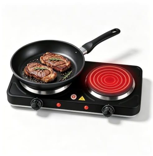 Double Hot Plate 2000W Portable Electric Hob Dual Thermostatic Controls | easy to clean, for Cooking, Warming, Boiling, Frying, Simmering