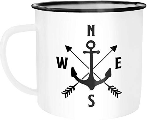 Moonworks Emaille Tasse Becher Anker Kompass Pfeile Arrows Campingbacher Kaffeetasse weiß-schwarz unisize