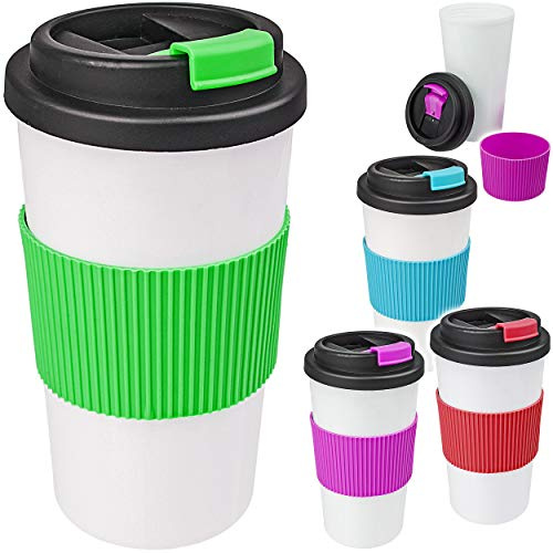 alles-meine.de GmbH Kaffee/Coffee to Go Becher - doppelwandig - weiß & bunt - BPA frei - mit Deckel - 500 ml - Kunststoff/Plastik - auslaufsicher - Silikon Griffring - Isolie..