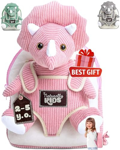 Naturally KIDS Triceratops Spielzeug, Kinder Rucksack m Dinosaurier für Mädchen, Geschenk für Kinder, Rosa Dino Spielzeug