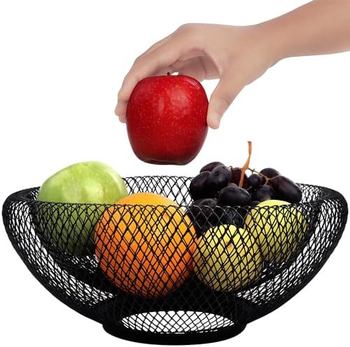 VR7 Fruit Bowl Metal Mesh Fruit Basket for Kitchen Decor 25cm - Durable, Airflow Design for Freshness - Black