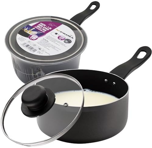New 16cm Milk Pan + Glass Lid - Sauce Pot Tea Handle Kitchen Non Stick Cookware | Easy to Clean | Stay Cool Wooden Handle | Boil Eggs, Warming Milk