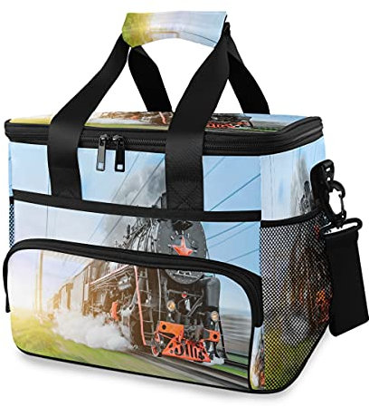 HMZXZ Groß Kühltasche Picknicktasche Lunchtasche Jahrgang Schwarz Dampf Lokomotive Zug 15L Isoliertasche Brotdose Cooler Cooling Tote Bag für Lebensmitteltransport, Camping, BBQ