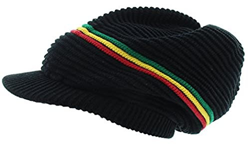 Gerippte Mütze für Dreadlocks - Bob Marley Hut Mit Rasta Streifen, Dreadlock Zubehör, Herren Tams Beanie, Jamaikanischer Stil Hüte für Damen und Herren, Schwarz Mit Schirm, L