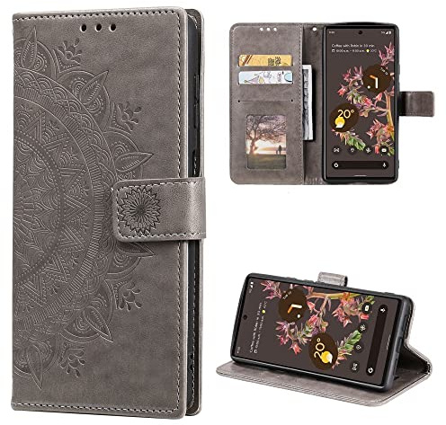 CoverKingz Handytasche kompatibel mit Google Pixel 6 - Handy Case mit Kartenfach Handyhülle - Flipcase klappbar Motiv Mandala Grau