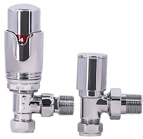 WarmeHaus Designer Modern Angled Thermostatic Radiator Valve Pack for Towel Rails Chrome TRV Set