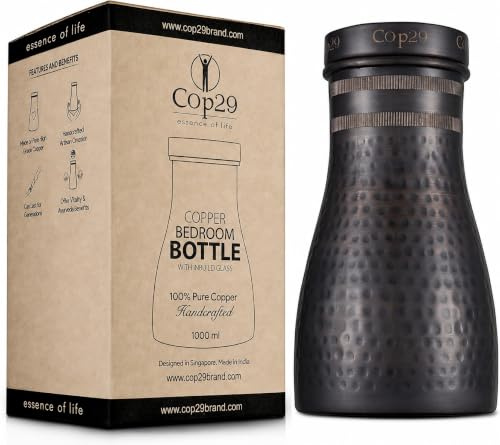 Cop29 Fait à la main Dolny Antique en cuivre martelé pour chambre à coucher I Pichets avec couvercle I Carafe à eau de chevet (couvercle lâche) – 1000 ml/34 oz…