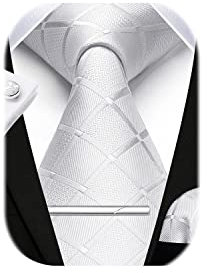 HISDERN Herren Hochzeit Weiß Krawatten und Einstecktuch Krawatte Plaid Manschettenknöpfe-Krawattenklammer-Set