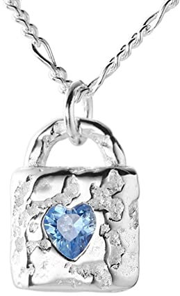 Lllunimon Hammered Textured Lock Necklace S925 Sterling Silver Blue Zircon Love Necklace Delicate Jewelry for Women Girls