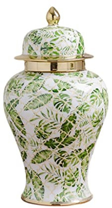 Pot De Gingembre En Céramique Moderne Vase En Porcelaine De Plante Verte Avec Couvercle, Pot Décoratif De Style Chinois Pot De Temple Avec Motif De Feuille Verte De Palmier Tropical ( Taille : 38cm )