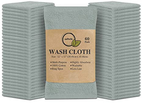 Softolle 100% Baumwolle Ringgesponnene Waschlappen - Großpackung Waschlappen - 12x12 Zoll - Waschtuch für Gesicht, sehr saugfähig, weich und Gesichtstücher (Silbergrau, 60 Stück)