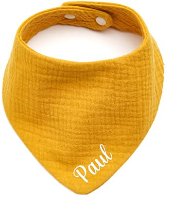 Personalisiertes Dreieckshalstuch aus Baumwolle, Halstuch für Jungen, Mädchen, Unisex, mit Druckknopfverschluss, in verschiedenen Farben mit Wunschnamen (Senf)