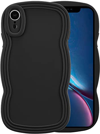 XIZYO Case for iPhone XR, Cute Solid Color Curly Wave Shape Frame Silicone Shockproof Case, for Women Girls Slim Soft TPU Full Camera Lens Protective Cover, Black