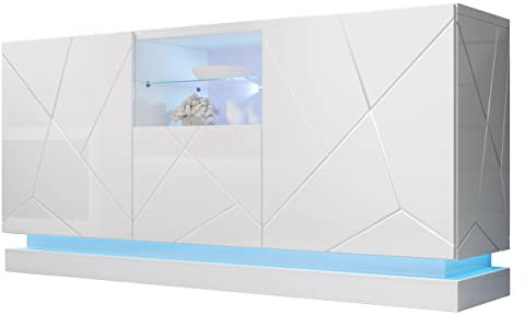 Mirjan24 Kommode Qiu 2D1K mit 7 Fächer und 3 Türen, Anrichte, Türkommode, Mehrzweckschrank, Highboard, Diele & Flur, Wohnzimmerschrank, Sideboard (Weiß/Weiß Hochglanz, mit LED Beleuchtung)