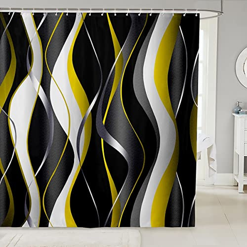 Loussiesd Yellow Grey Black Fabric Shower Curtains Geometric Spiral Pattern Shower Curtain for Boys Girls Abstract Art Bathroom Waterproof Accessories with 12 Hooks Modern Luxury Curtains,72x78 Inch