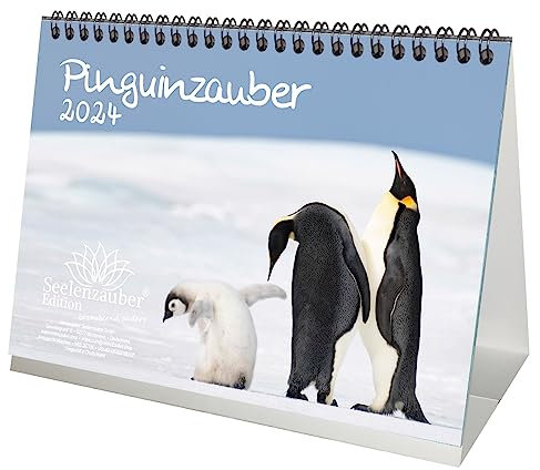 Pinguinzauber DIN A5 Tischkalender für 2024 Pinguin - Geschenkset Inhalt: 1x Kalender, 1x Weihnachtskarte (insgesamt 2 Teile)