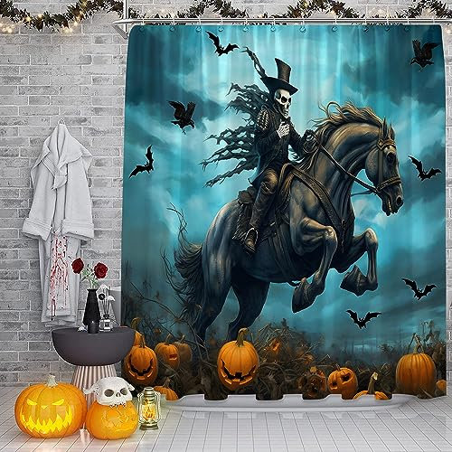 NYDSZNE Tenda da doccia di Halloween Gothic Horror Cranio Scheletro Cavaliere Zucca Pipistrello Raccapricciante Notte Felice Vacanza Bagno Decorazione Tenda in Tessuto con