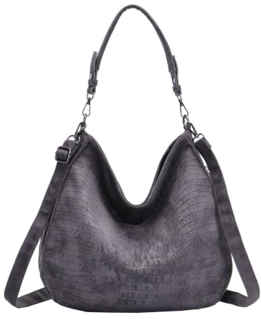 ITALYSHOP24 OBC Damen Tasche XXL Shopper Hobo Bag Schultertasche Crossbody Umhängetasche Beuteltasche Handtasche Crossover Leder Optik Grau