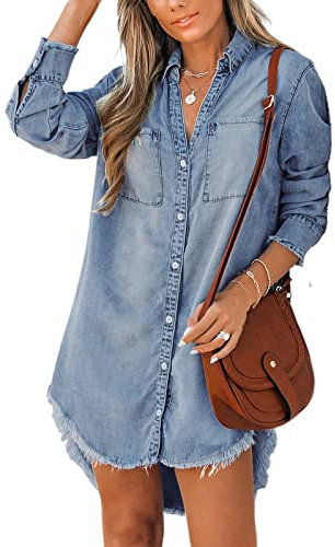 CUPSHE Women Denim Shirt Mini Tunic Dress Casual Oversized Autumn Long Sleeve Frayed Hem Tops Blouse with Pockets Sky Blue M