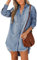 CUPSHE Women Denim Shirt Mini Tunic Dress Casual Oversized Autumn Long Sleeve Frayed Hem Tops Blouse with Pockets Sky Blue M