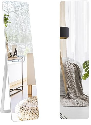 HOMASIS 2 in 1 Ganzkörperspiegel, Wandspiegel Standspiegel Mit Schutzfolie 37 x 45 x 155 cm, Ankleidespiegel mit Holzrahmen, Garderobenspiegel für Schlafzimmer, Wohnzimmer, Weiß