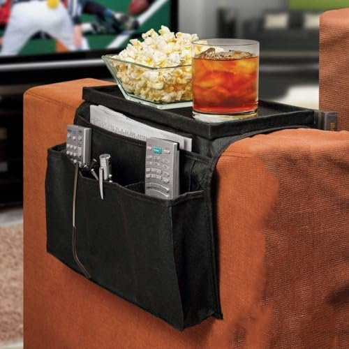 QUHUOYAO Organizer per telecomandi TV a 6 tasche, portaoggetti da appendere al comodino o al letto, organizer per bracciolo del divano con portabicchieri, fondo antiscivolo (nero)