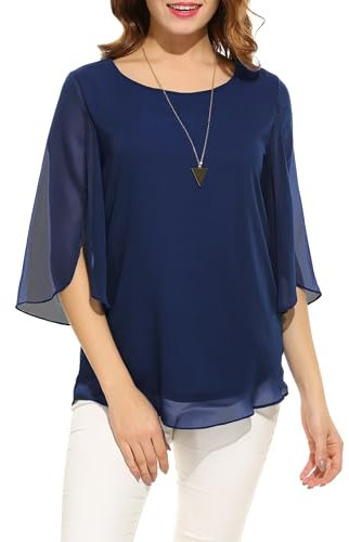 Timuspo Damen Chiffon Bluse Curvy Mode Oberteil Rundkragen Elegant Tuniken Modern Hemden Festliches Dunkelblau，S