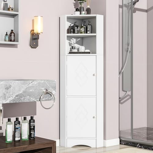 Badschrank, Badmöbel, Eckschrank mit Zwei Ablagefächern, offenes Fach mit verstellbarem Einlegeboden, 42 x 36 x 162,5 cm, weiß (weiß)