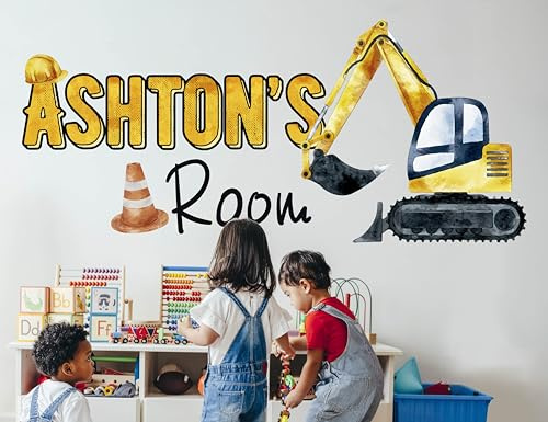AdesiivoStudio Bau-Dekor für Jungenzimmer: Verspielter und lebendiger individueller Name Wandaufkleber mit Bagger-Design, Aquarell-Bauraum-Dekor für Jungen (Bagger)