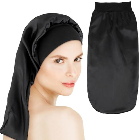 Qianyu Long Bonnet Satin Silk Braid Bonnet with Stretchy Band Tie Extra Large Black Silk Soft Sleep Cap for Sleeping Black Women Men Braids Long Curly Hair Dreadlocks