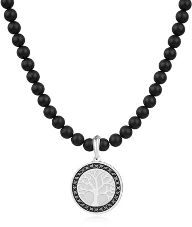GAVU Collier Onyx Mat Homme, Pendentif Acier Inoxydable Argent, Pendentif Rond pour Hommes, Collier Arbre de Vie 60cm