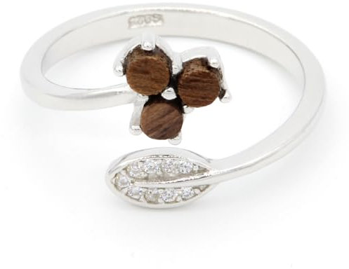 NaturSchatulle Holzschmuck Crystal Leaf Ring Holz aus 925 Silber Verstellbar Holzring mit Holzeinlage Schmuck Geschenk für Frauen