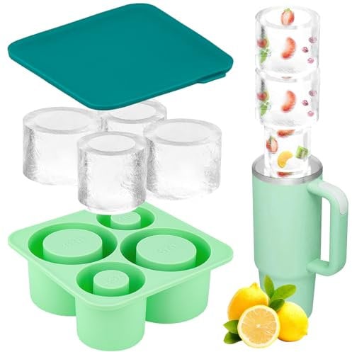 SelfTek Ice Cube Tray for Stanley Cups, Silicone Ice Mould for 20-30-40 oz Tumbler 4 Grid Hollow Cylinder Ice Maker with Lid for Freezer Ice-Cold Drinks Juice Coffee (Green)