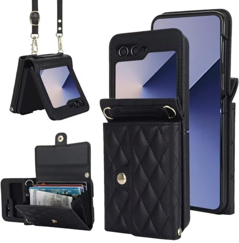 XIMAND für Samsung Galaxy Z Flip 6, Akkordeon-Crossbody-Geldbörsenhülle, 4 Kartenfächer, RFID-Blockierung und Verstellbarer Riemen stilvolles und vielseitiges Accessoire für die Moderne(schwarz)