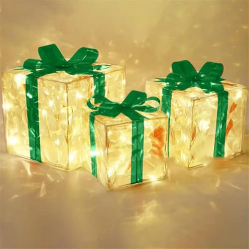 ABIN Christmas Decoration Gift, Ornament With Bow, Light Up Present Boxes, Christmas Light Under Xmas Tree, Luminous Outdoor Decorative Gift (Green, 3 pcs)